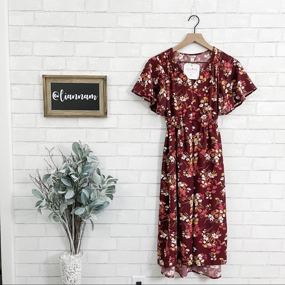 Isabel Maternity by Ingrid & Isabel Dresses & Skirts - Isabel Maternity Burgundy Floral Hi-Low Midi Flutter Sleeve Dress